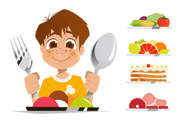 Garçon enfant tenant cuillère et fourchette manger plat de repas — Image vectorielle