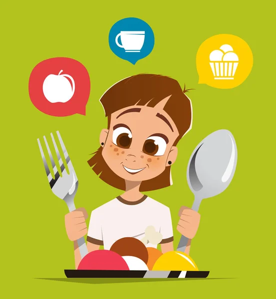 Girl kid child holding spoon and fork eating meal dish — Stock Vector