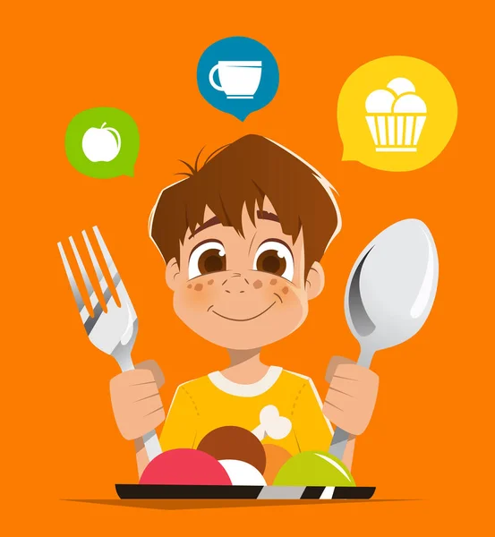 Garçon enfant tenant cuillère et fourchette manger plat de repas — Image vectorielle