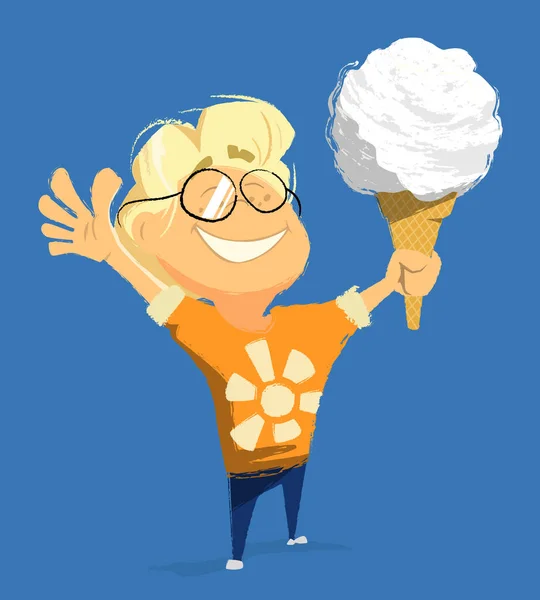Menino feliz comer sorvete dia ensolarado personagem vetor —  Vetores de Stock