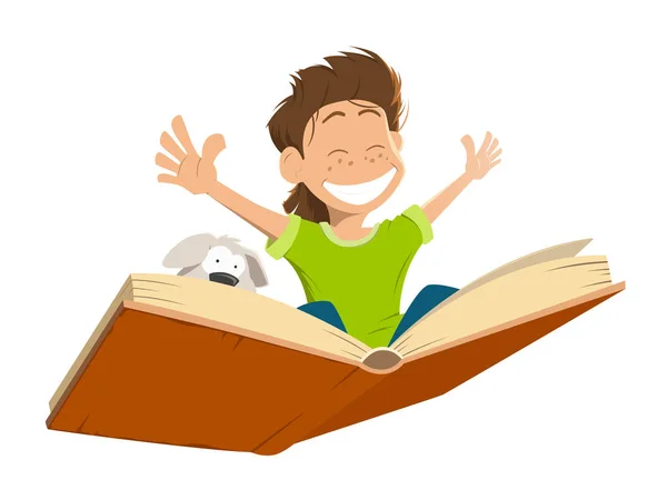 Feliz sonrisa niño niño vuelo grande libro lindo cachorro — Vector de stock