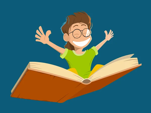 Feliz sonrisa niño niño volando grandes gafas de libro — Archivo Imágenes Vectoriales