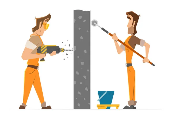 İki adam işçisi matkap ve bir duvar boyası — Stok Vektör