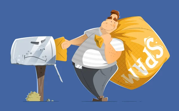 Fat man spammer with a big sack of spam mails — Stock Vector