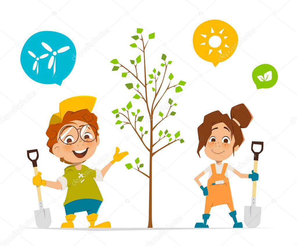 Two kids boy and girl planting a tree