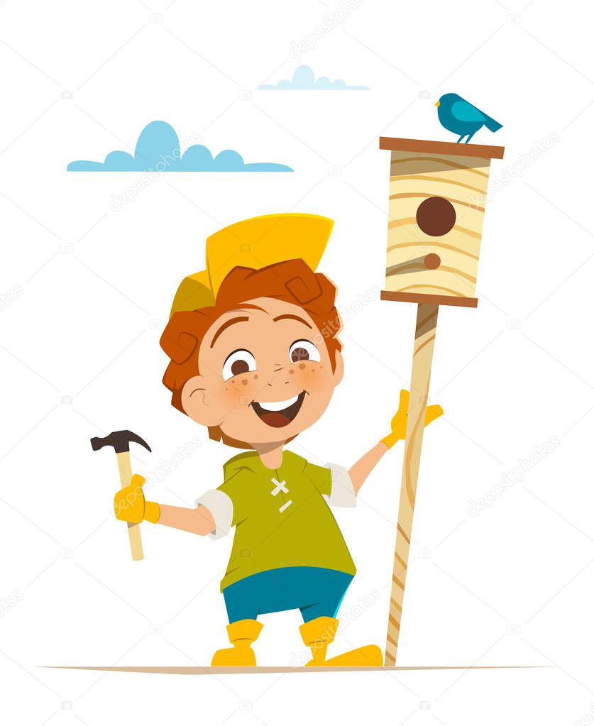 Boy and nesting box with bird 