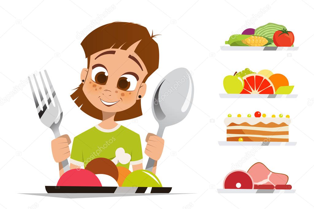 Girl kid child holding spoon and fork eating meal dish