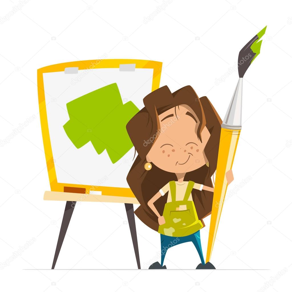 Cute little girl painting picture holding brush easel