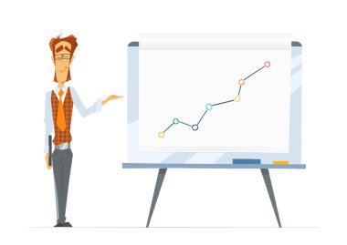 Office man and flip-chart paper board whiteboard with chart grap clipart