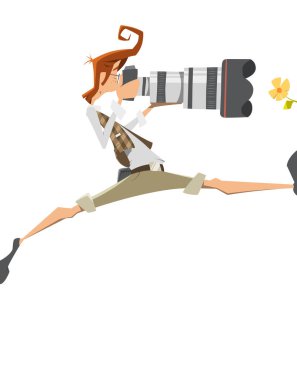 Young man extreme pro professional photographer with big lens ca clipart