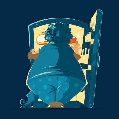 Fat woman lady and a night open fidge clipart