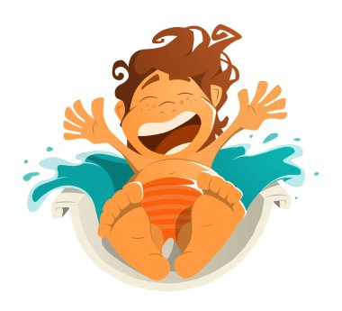 Happy smile kid child boy in aquapark water park. Ride on water  clipart