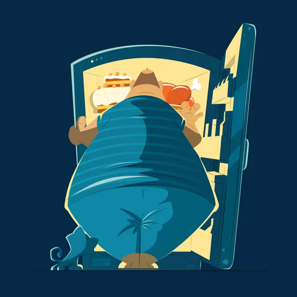 Жирний чоловік і нічний відкритий холодильник — стоковий вектор