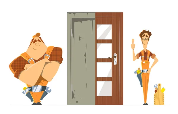 Old new door before and after concept. Two man locksmith. — Stock Vector