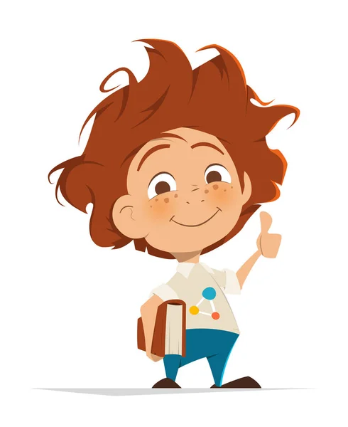 Smart cute kid with book thumbs finger up — Stock Vector