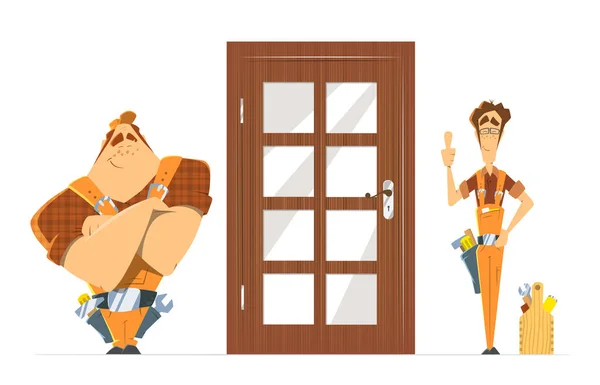 Door installation repair unlock service. Two man locksmith. — Stock Illustration Door installation repair unlock service. Two man locksmith. Stock Vector