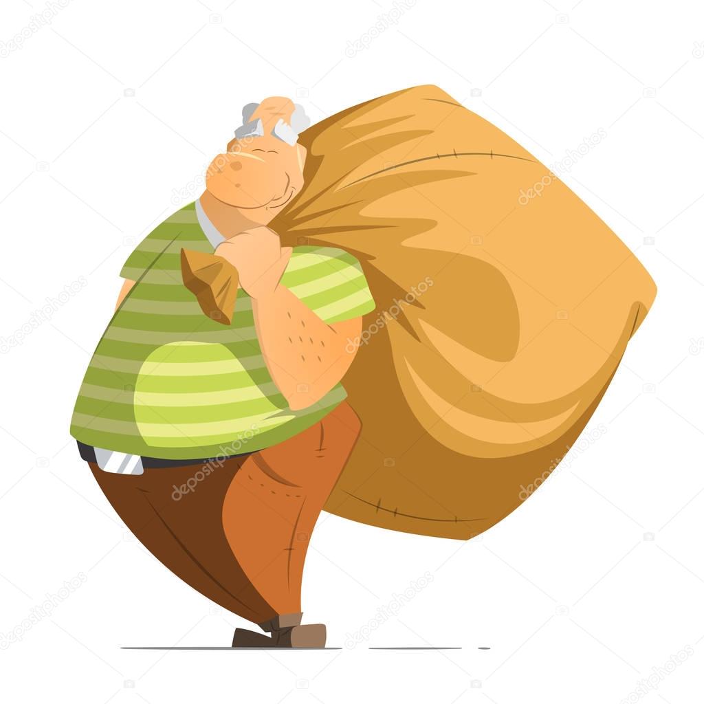 Old man oldman pensioner holding a big money bag sack