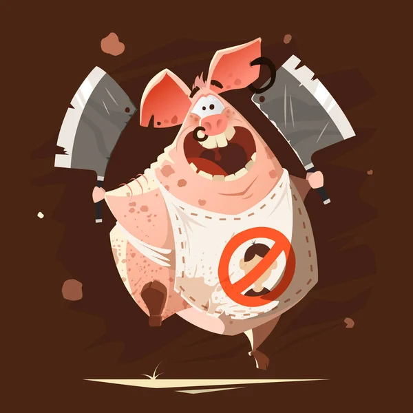 Fou gros porc courir avec deux axes t-shirt imprimé — Image vectorielle