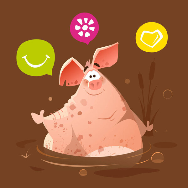 Большая жирная счастливая улыбка грязная свинья в грязи болота
