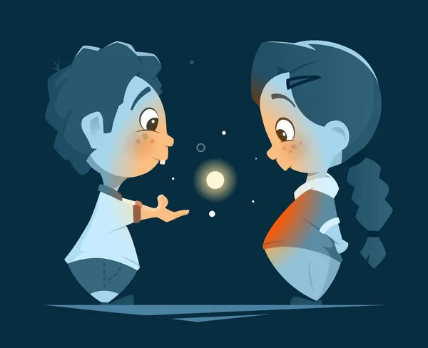 Dwa małe dzieci chłopiec i dziewczyna patrząc na magiczne światło — Wektor stockowy