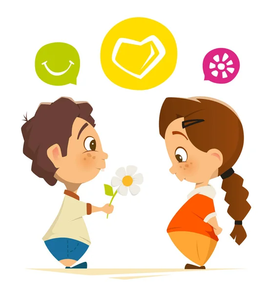 Cute boy and girl in love holding flower — Stock Vector