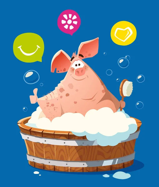 목욕 욕조 세척에 행복 한 미소 돼지 — 스톡 벡터
