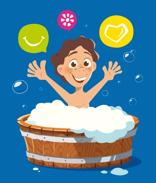 Happy smile kid washing in bath bathtub — Stock Vector