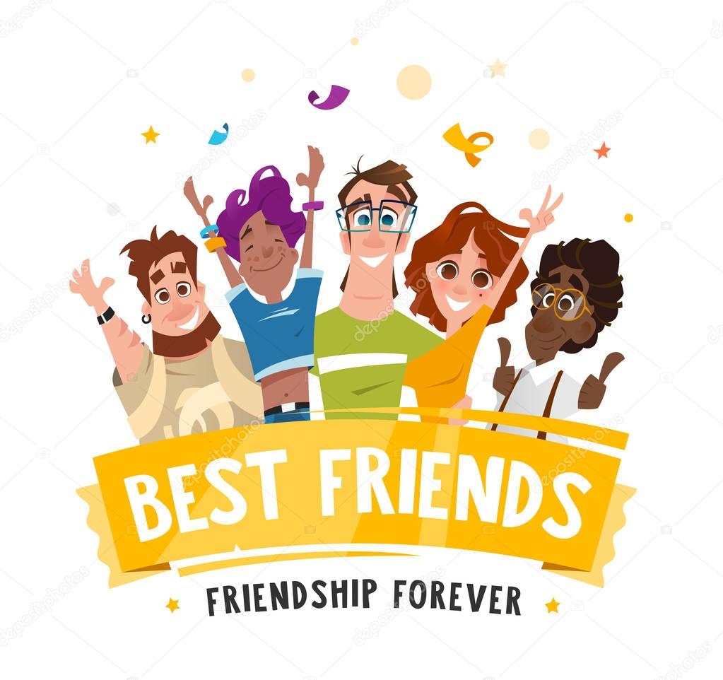 Color vector illustration group team happy smile teenagers students friends