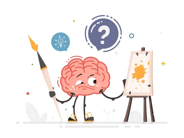 Vector Brain Χαρακτήρα Μεγάλο Πινέλο Τέχνης Στέκεται Κοντά Easel Κάνοντας — Διανυσματικό Αρχείο