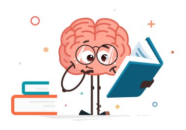 Sevimli akıllı beyin rengi vektör karakteri büyük kitap okuyup düşünüyor.