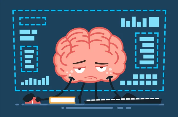 Κουρασμένος Διανυσματικός Εγκεφαλικός Χαρακτήρας Που Λειτουργεί Μπροστά Από Τον Υπολογιστή — Διανυσματικό Αρχείο