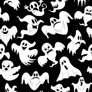 Dikişsiz desen vektör Illustration korku tatil parti kutlaması için korkunç hayaletler, Cadılar Bayramı gecesi ile. 31 Ekim oyun ya da şeker korkutucu beyaz hayaleti perili Halloween var tasarım şablonu 