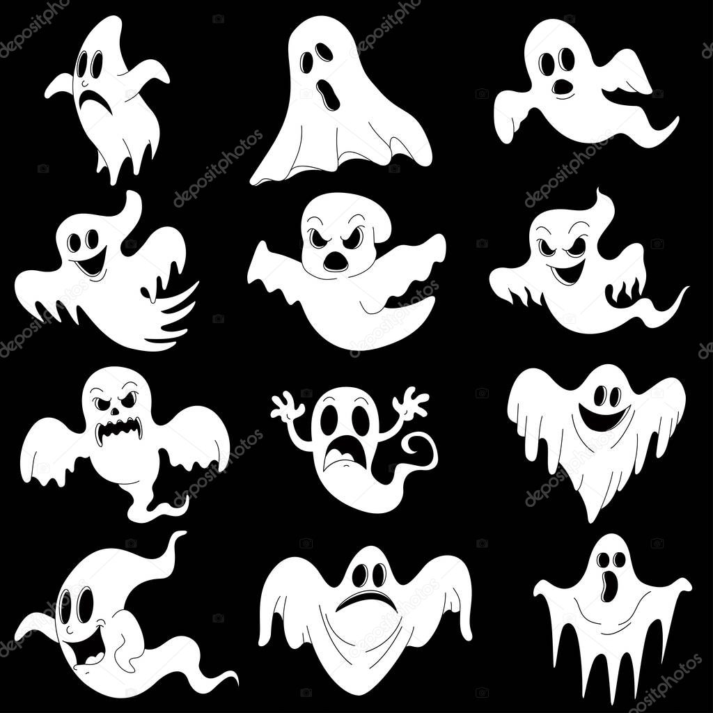 Halloween characters set of scary white ghosts for design isolated on black background, such logos. Halloween celebration. Vector illustration