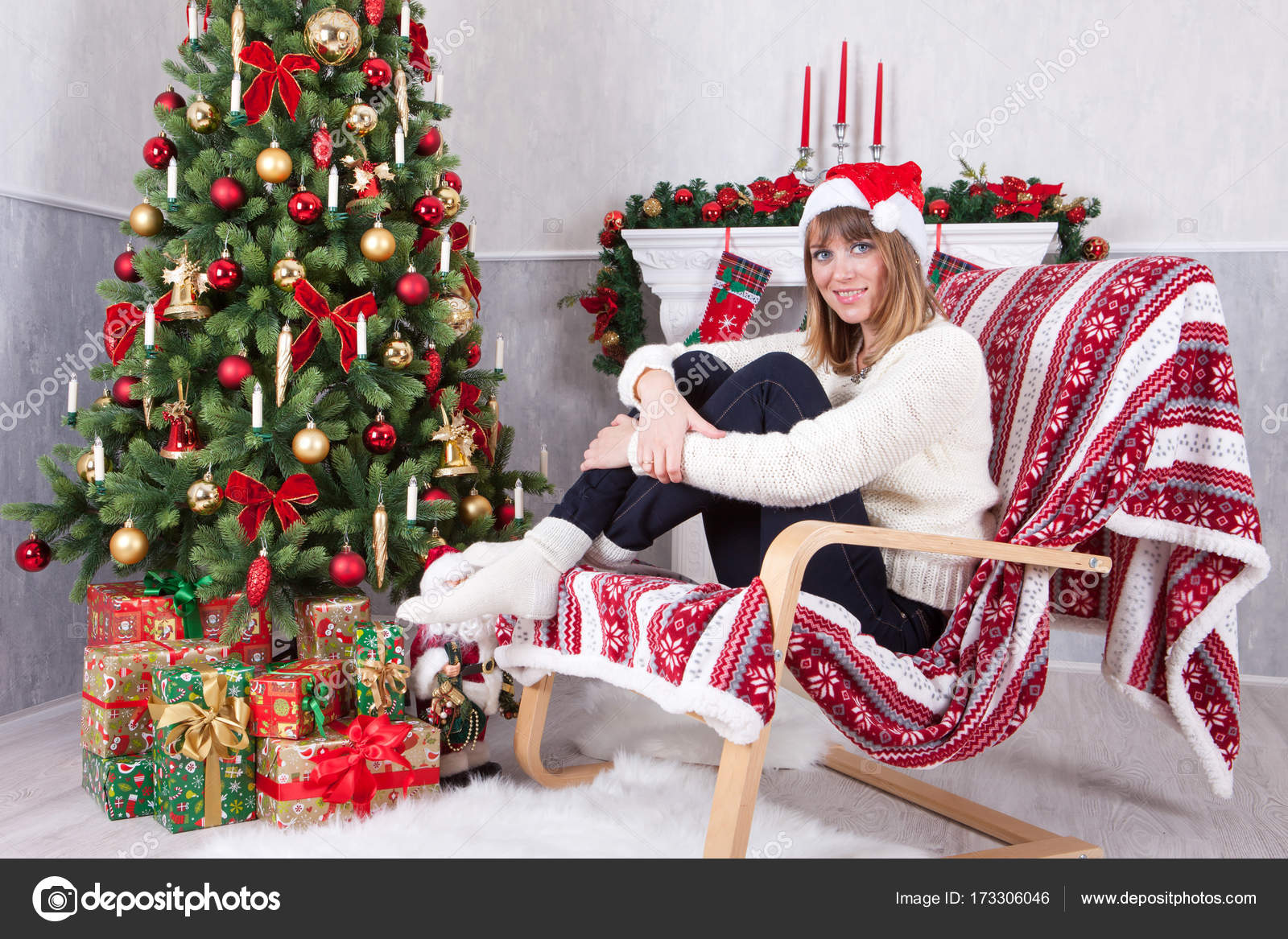 Christmas Or New Year Celebration Young Woman In A White Knitted
