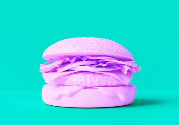 abstract fake pink one color burger isolated, 3d illustration. 3d print food concept,