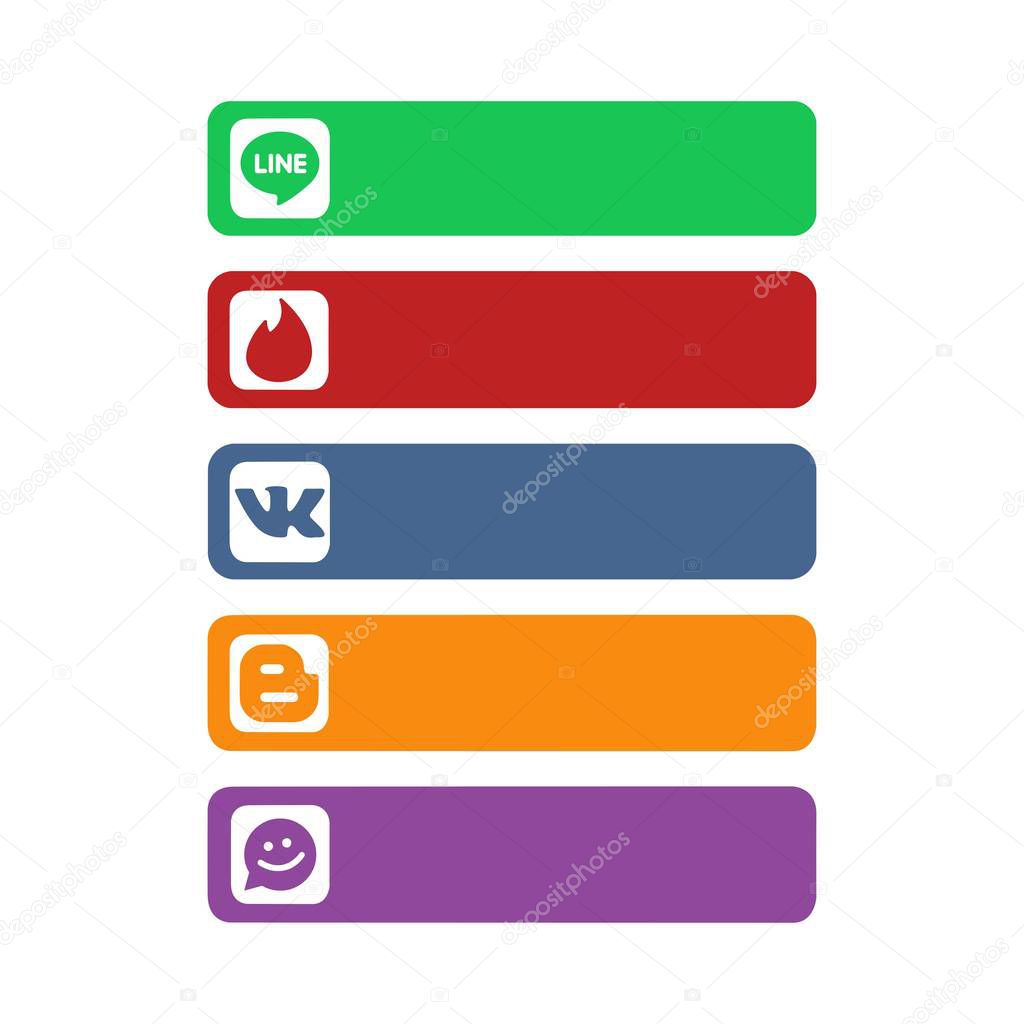 Istanbul, Turkey - October 26, 2017: Collection of popular social media logos printed on paper: Line, Tinder, Meet Me and others.