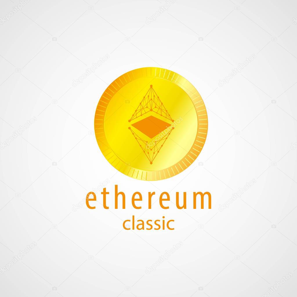 Golden coin with Ethereum Classic sign. Money and finance symbol. Vector Illustration isolated on white background.