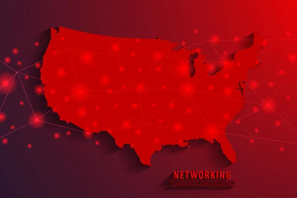 Fondo de conexión de red, mapa rojo USA, vector — Archivo Imágenes Vectoriales