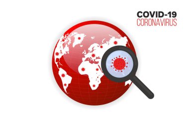 Korona virüsünü dünya haritasında artır, virüs simgesini ara, vektör, illüstrasyon, ep dosyası