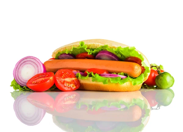 Hot Dog Sandwich with Vegetables Isolated on White Background — Stock Photo, Image