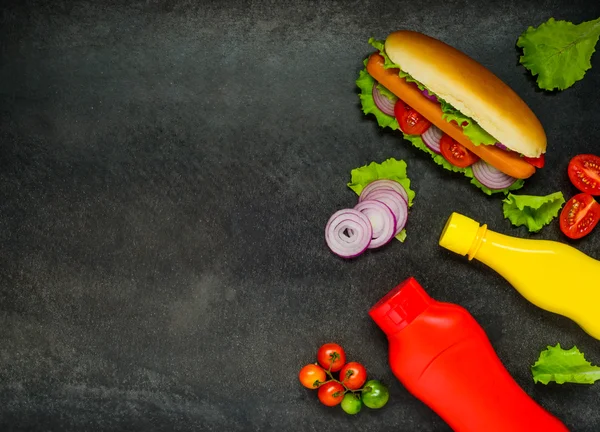 Hot Dog Sandwich in vista dall'alto con spazio di copia — Foto Stock