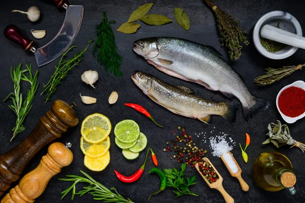 Peixe de truta com ingredientes de cozinha em fundo escuro — Fotografia de Stock