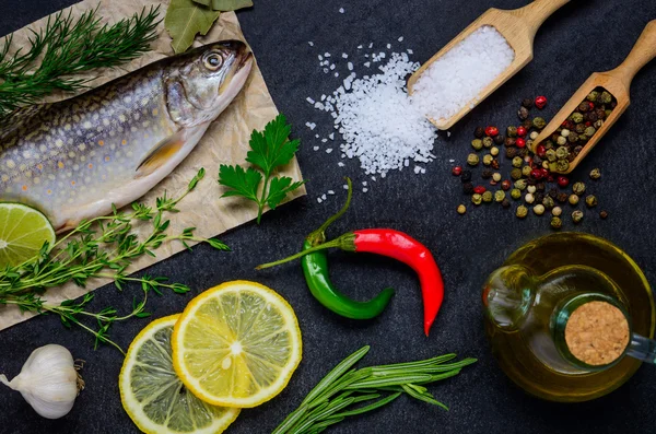 Matlagning rå fisk och ingredienser — Stockfoto