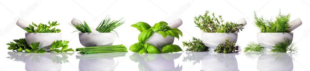 Pestle and Mortar with Green Herbs on White Background