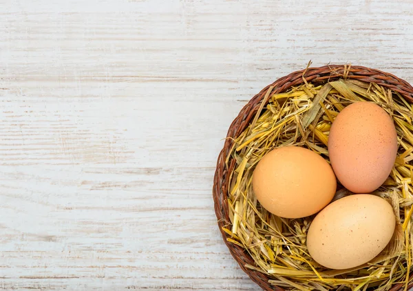 Strohnest mit Eiern und Kopierraum — Stockfoto