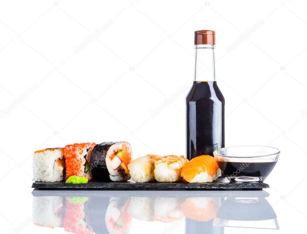 Sushi and Soy Sauce on White Background