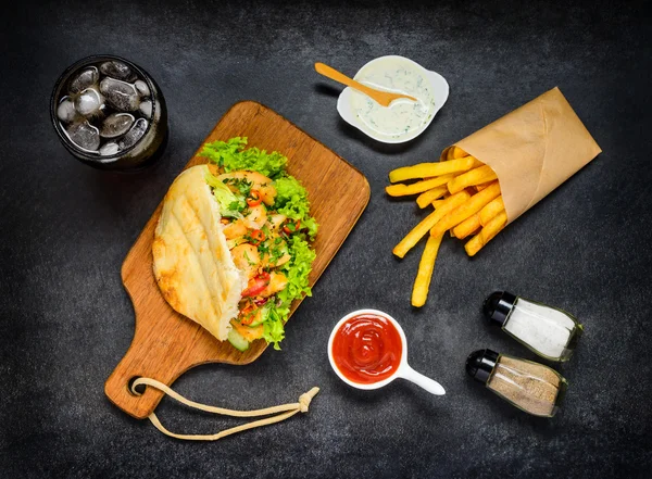 Turkish Doner Kebab with Cold Cola Drink and French Fries — Stock Photo, Image