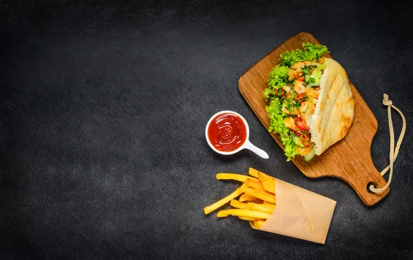 Doner Kebab with French Fries and Copy Space — Stock Photo, Image