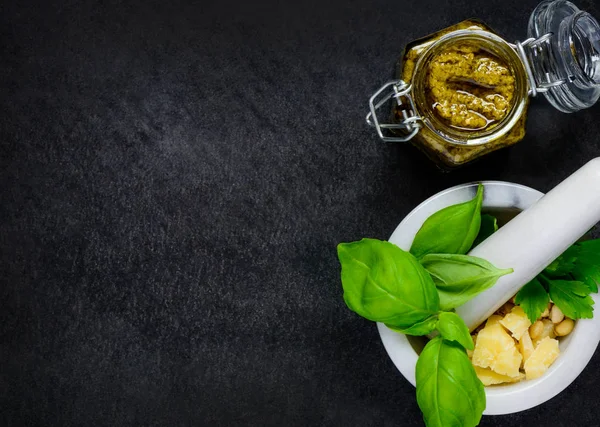 Pesto with Pestle and Mortar on Copy Space — Stock Photo, Image