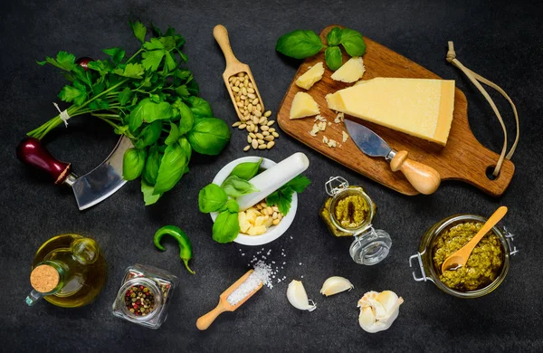 Gyógynövények, sajttal és Pesto, felülnézet — Stock Fotó